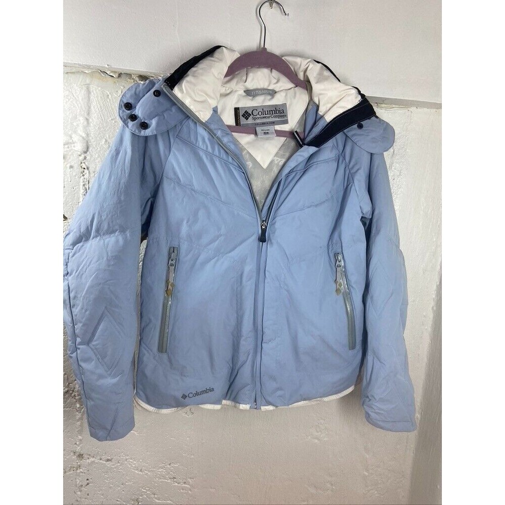 COLUMBIA TITANIUM WOMEMS SMALL BLUE HOODED DOWN JACKET
